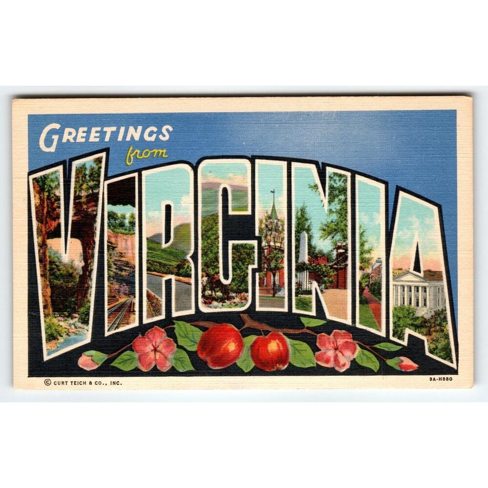 Greetings From Virginia 1940's Curt Teich Vintage Postcard Large Letter Linen